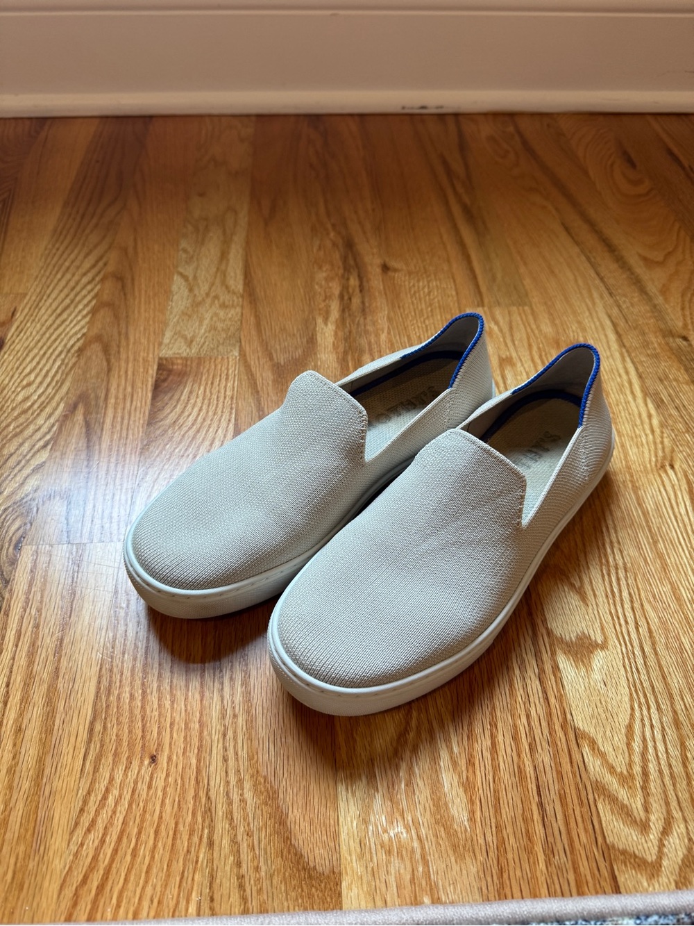 Rothy's Cream Slip-On Loafers with Blue Trim